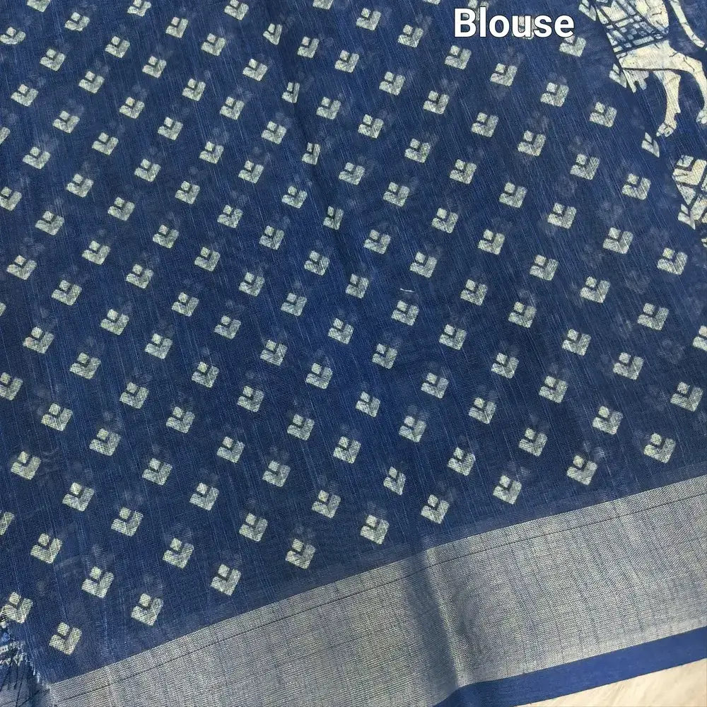 Indigo blue printed fancy semi linen saree ns133-Neidhal