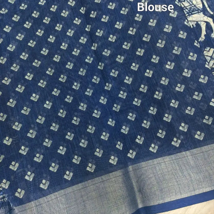 Indigo blue printed fancy semi linen saree ns133-Neidhal