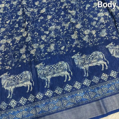 Indigo blue printed fancy semi linen saree ns133-Neidhal