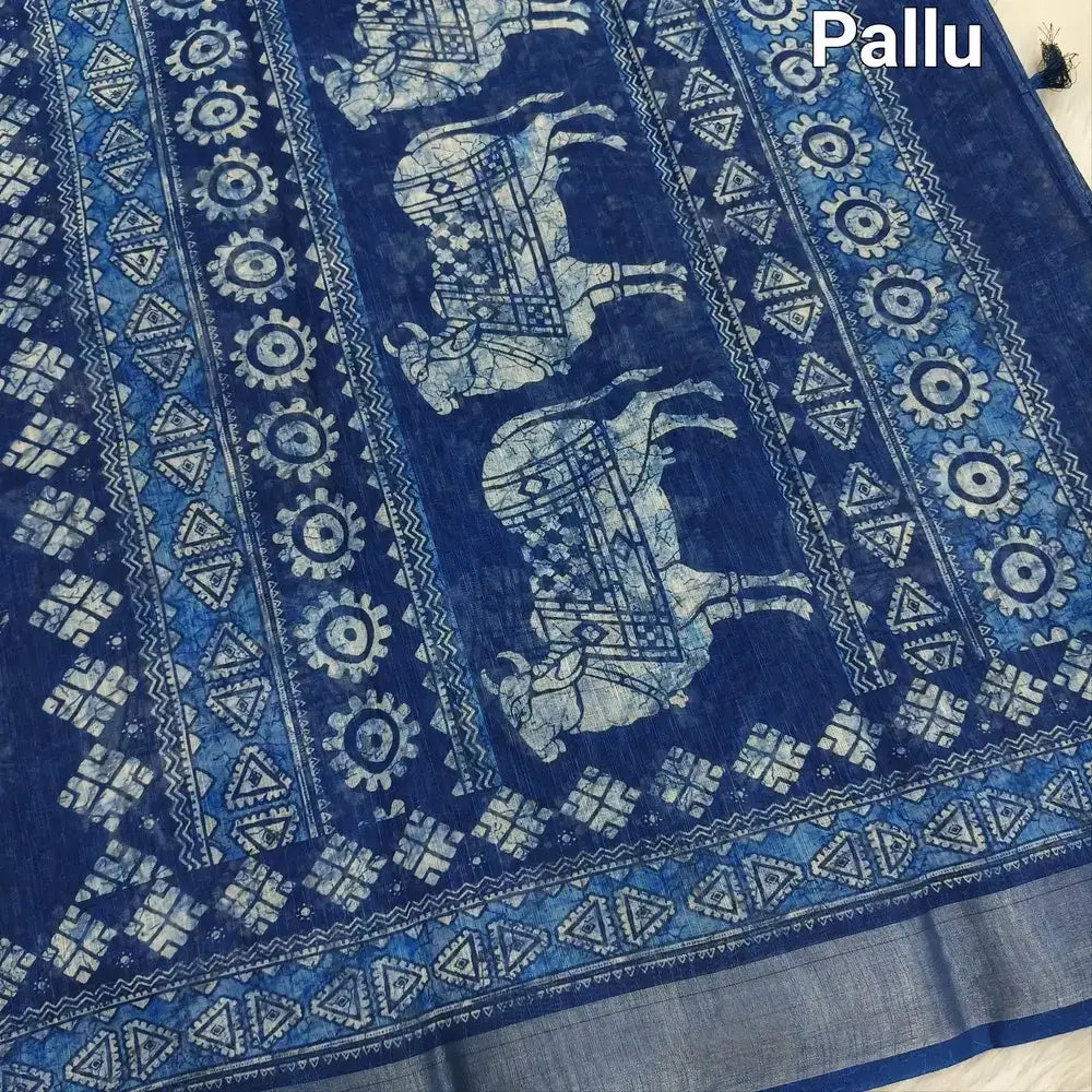 Indigo blue printed fancy semi linen saree ns133-Neidhal