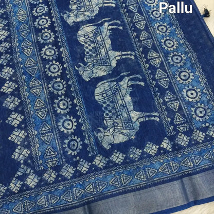 Indigo blue printed fancy semi linen saree ns133-Neidhal