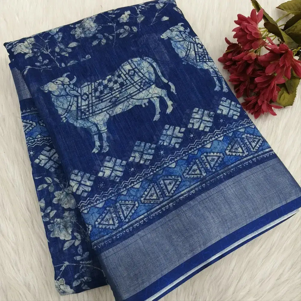 Indigo blue printed fancy semi linen saree ns133-Neidhal