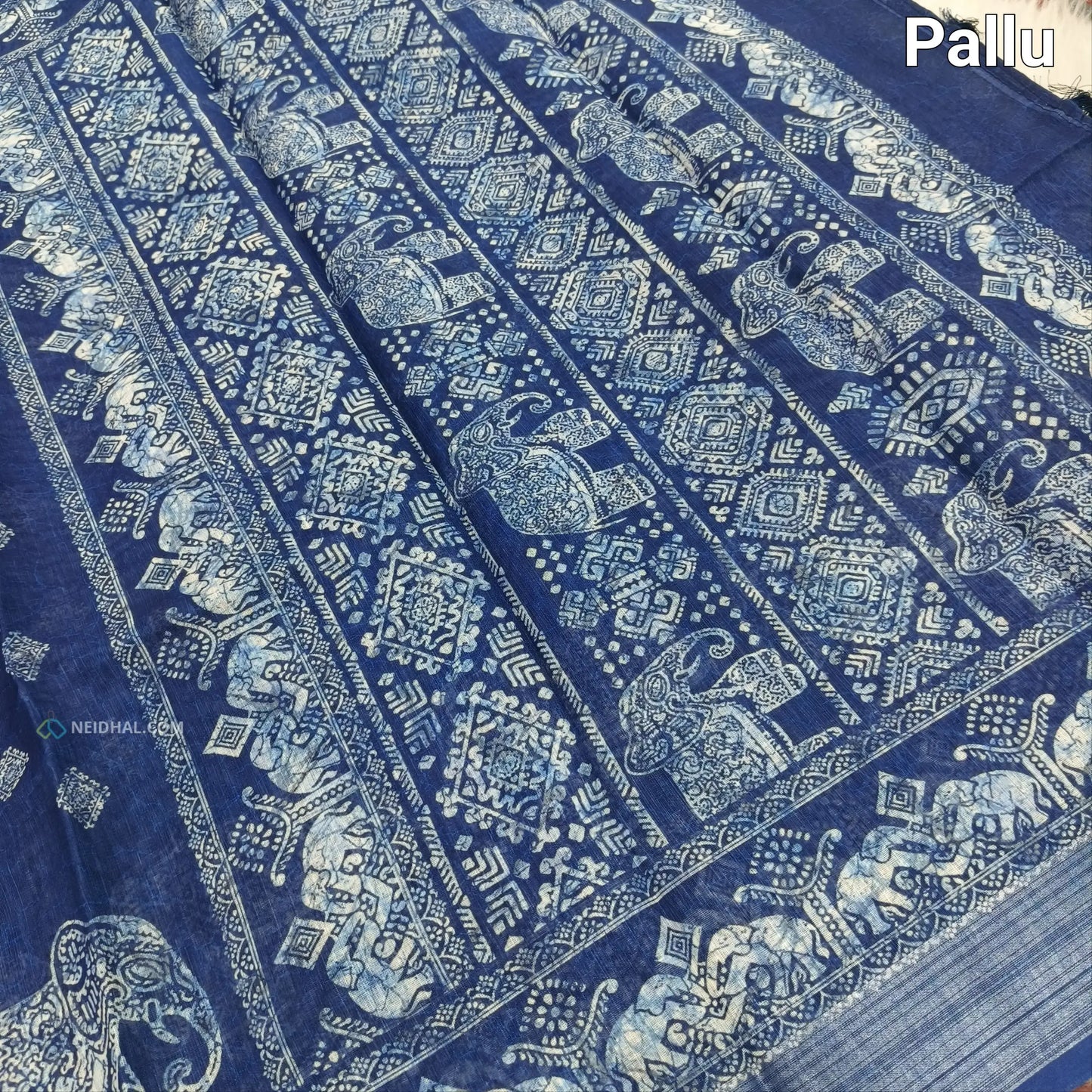 Indigo blue printed fancy semi linen saree ns39-Neidhal