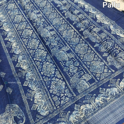 Indigo blue printed fancy semi linen saree ns39-Neidhal