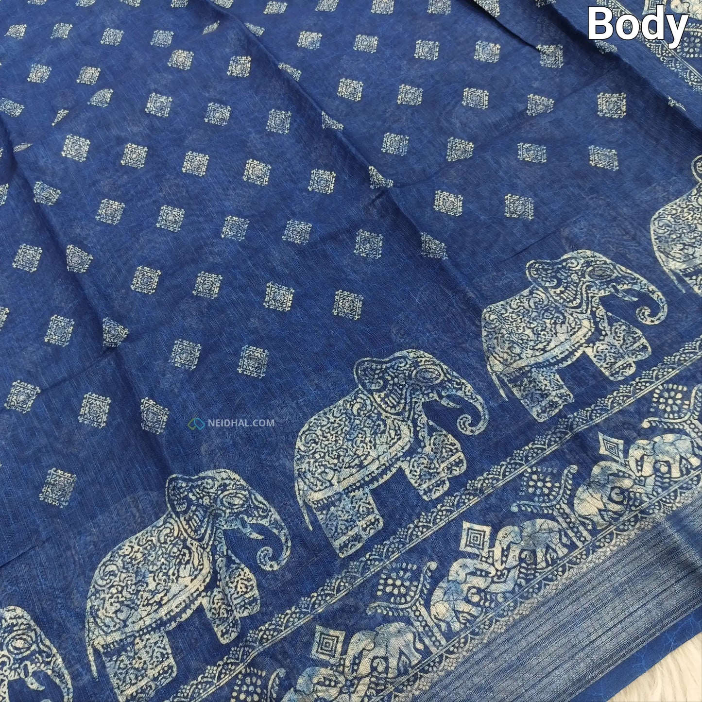 Indigo blue printed fancy semi linen saree ns39-Neidhal
