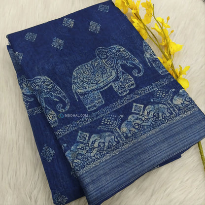 Indigo blue printed fancy semi linen saree ns39-Neidhal
