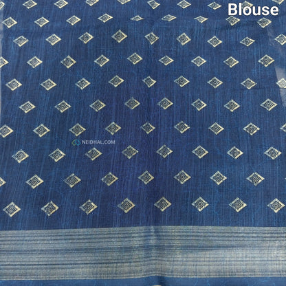 Indigo blue printed fancy semi linen saree ns39-Neidhal