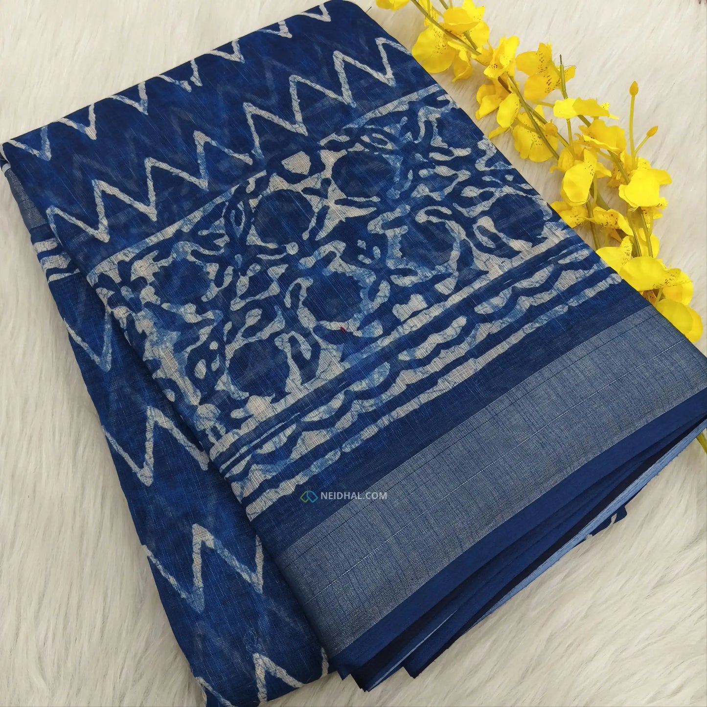 Indigo Blue Printed Semi Linen Saree - Lightweight & Elegant | Neidhal