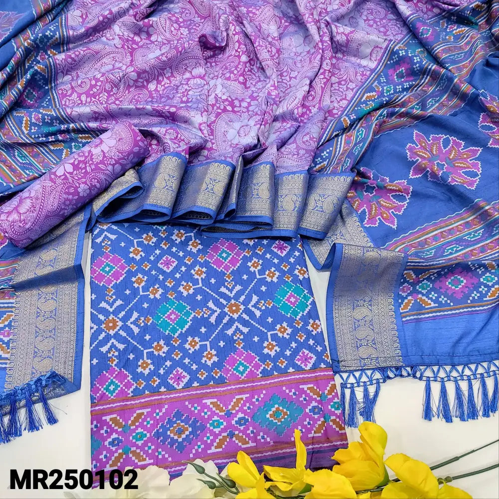 CODE MR250102: Ink blue patola printed fancy silk cotton unstitched salwar material(thin fabric lining needed)purple