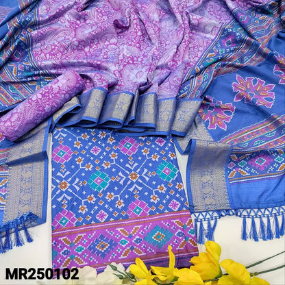 CODE MR250102: Ink blue patola printed fancy silk cotton unstitched salwar material(thin fabric lining needed)purple