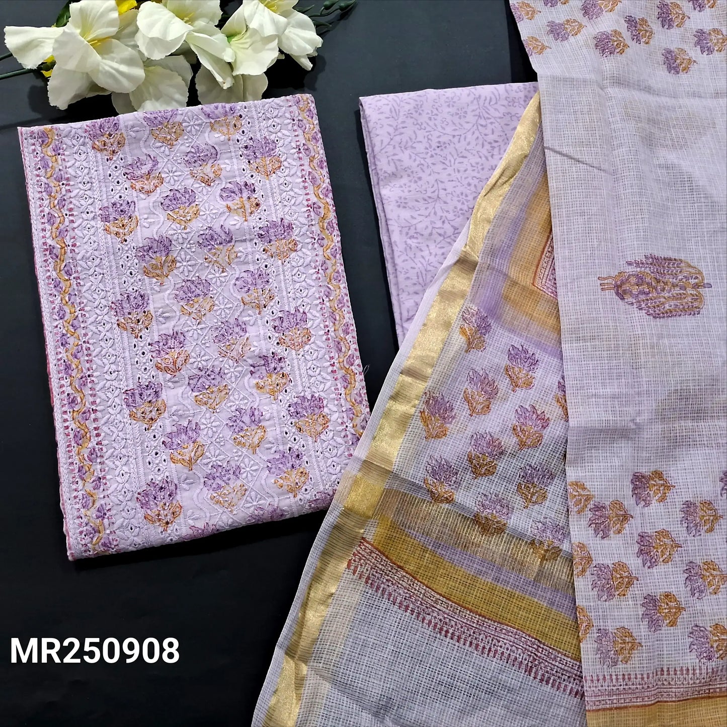Lavender chikankari embroidered block printed cotton salwar material mr250908-Neidhal