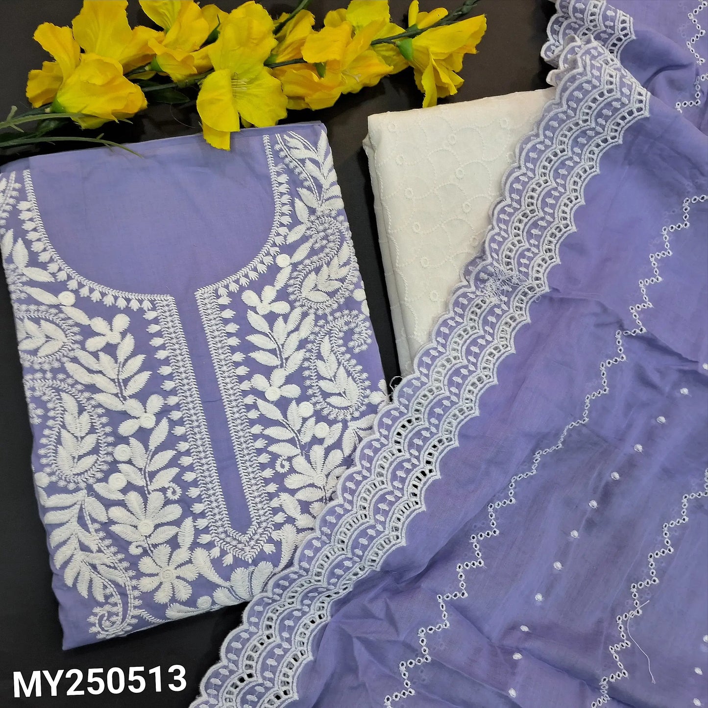 Lavender chikankari embroidered mul cotton salwar material my250513-Neidhal