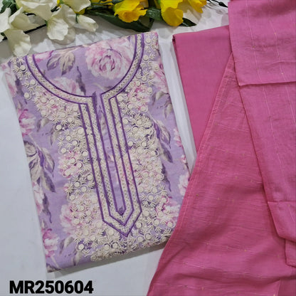 Lavender Floral Printed Cotton Salwar Material - Embroidered & Lace Details