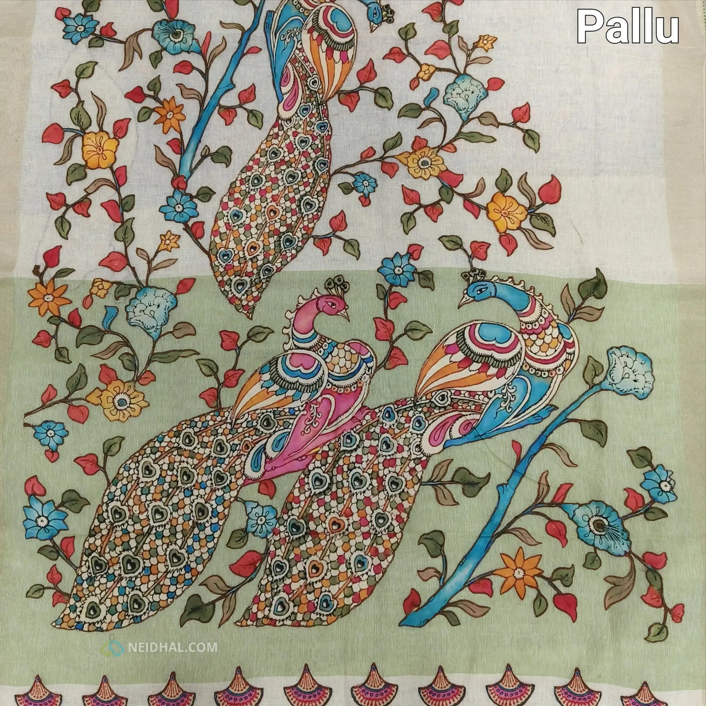 Light beige base pure linen saree pallu, applique work all over