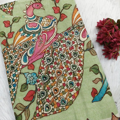 Light beige base pure linen saree, applique work all over