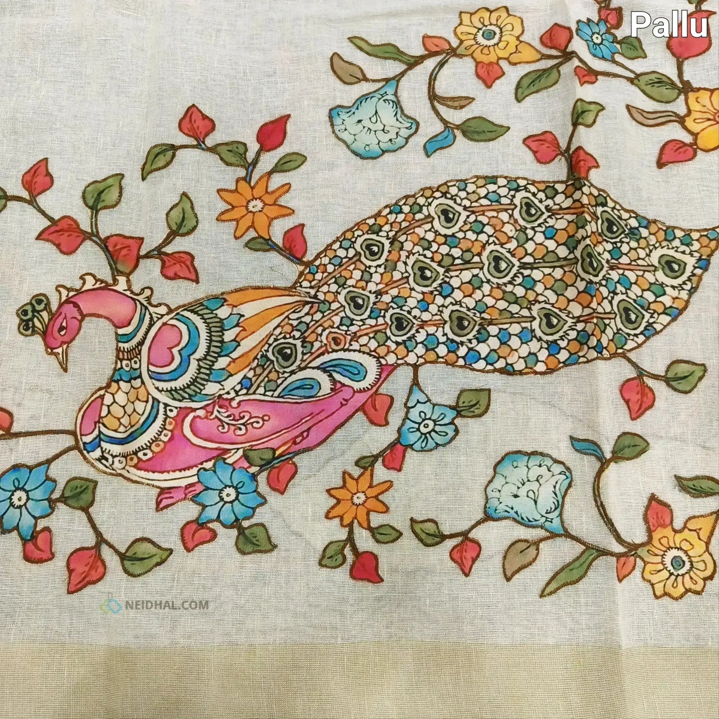 Light Beige Linen Saree with Purple Appliqué Work & Pallu | Neidhal