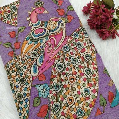 Light Beige Linen Saree with Purple Appliqué Work & Pallu | Neidhal