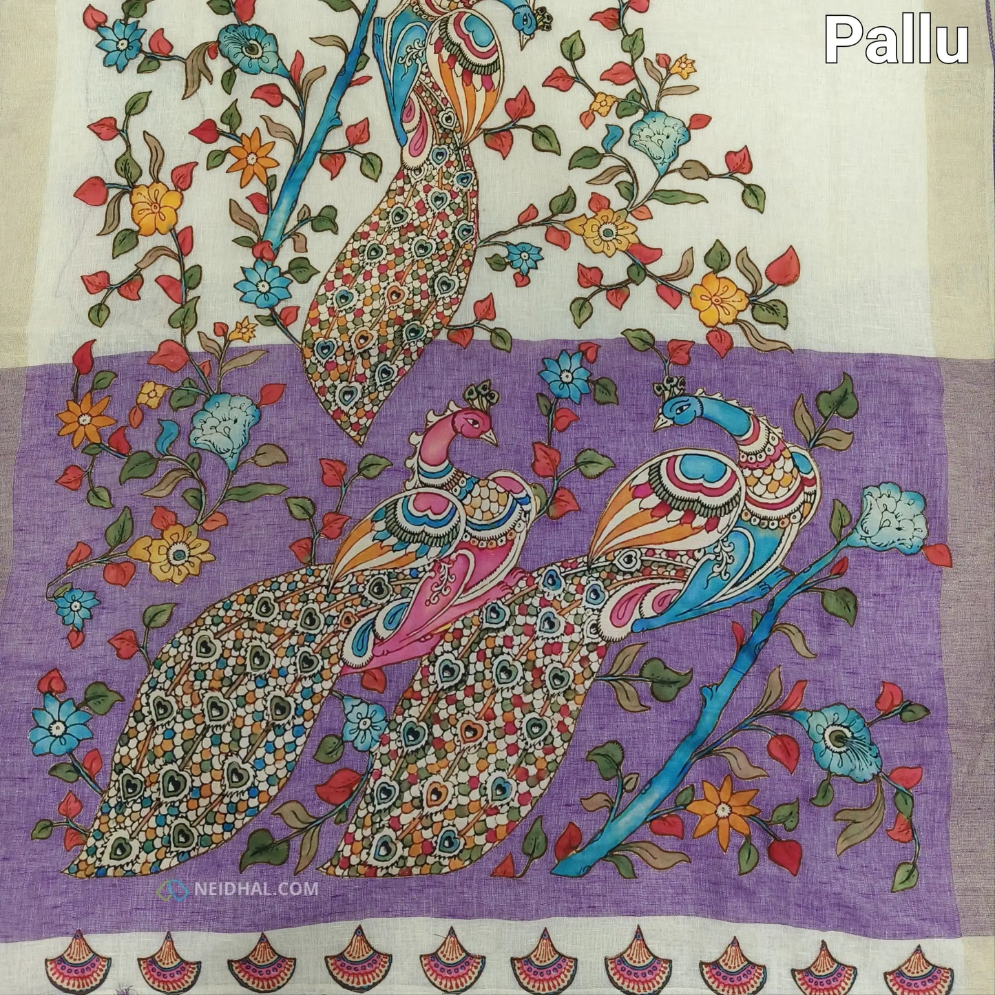 Light Beige Linen Saree with Purple Appliqué Work & Pallu | Neidhal