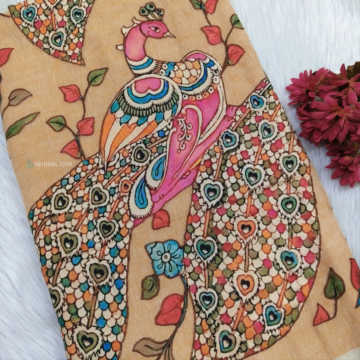 Light Beige Pure Linen Saree with Dark Beige Applique Work | Neidhal