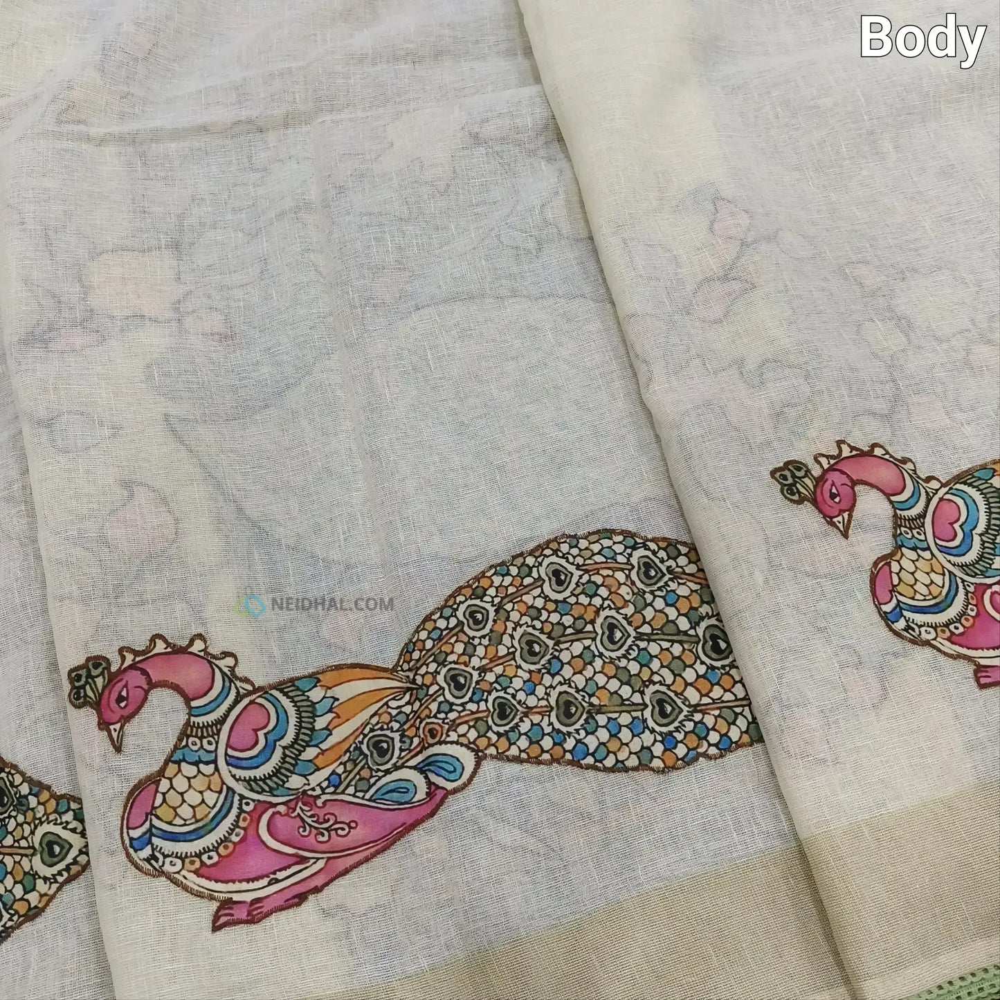 Light Beige Pure Linen Saree with Dark Beige Applique Work | Neidhal