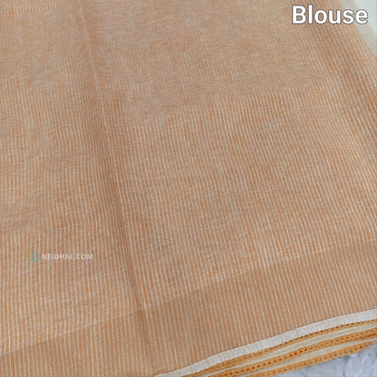 Light Beige Pure Linen Saree with Dark Beige Applique Work | Neidhal