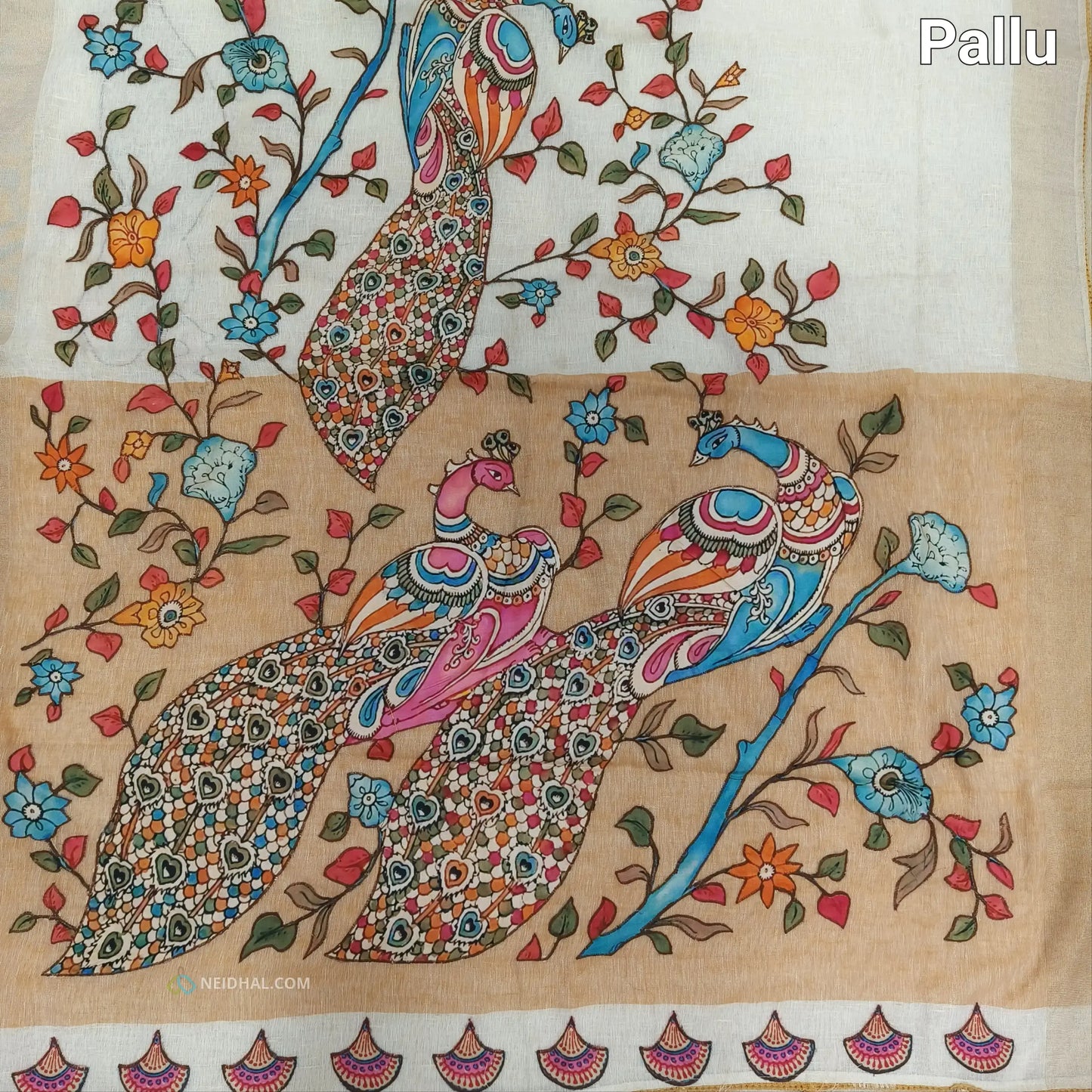 Light Beige Pure Linen Saree with Dark Beige Applique Work | Neidhal