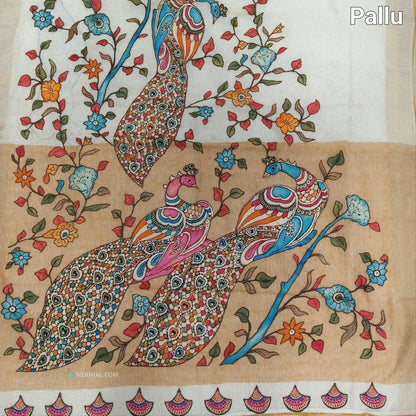 Light Beige Pure Linen Saree with Dark Beige Applique Work | Neidhal