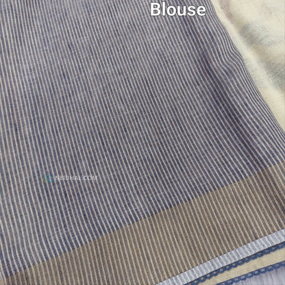 Light Beige Pure Linen Saree with Grey Applique Work | Neidhal