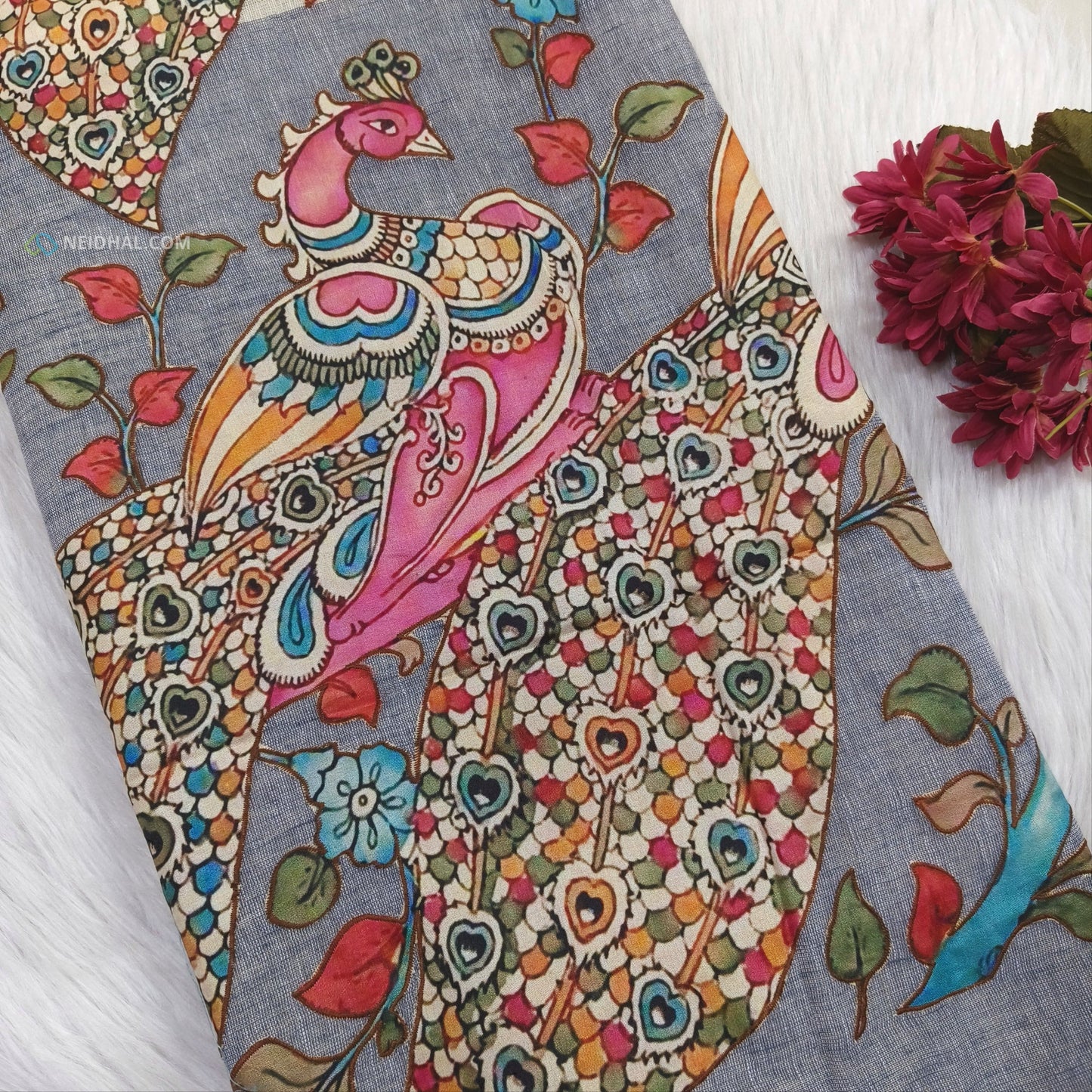 Light Beige Pure Linen Saree with Grey Applique Work | Neidhal