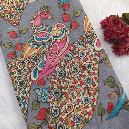 Light Beige Pure Linen Saree with Grey Applique Work | Neidhal