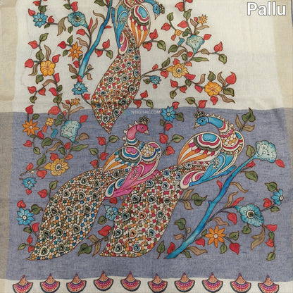 Light Beige Pure Linen Saree with Grey Applique Work | Neidhal