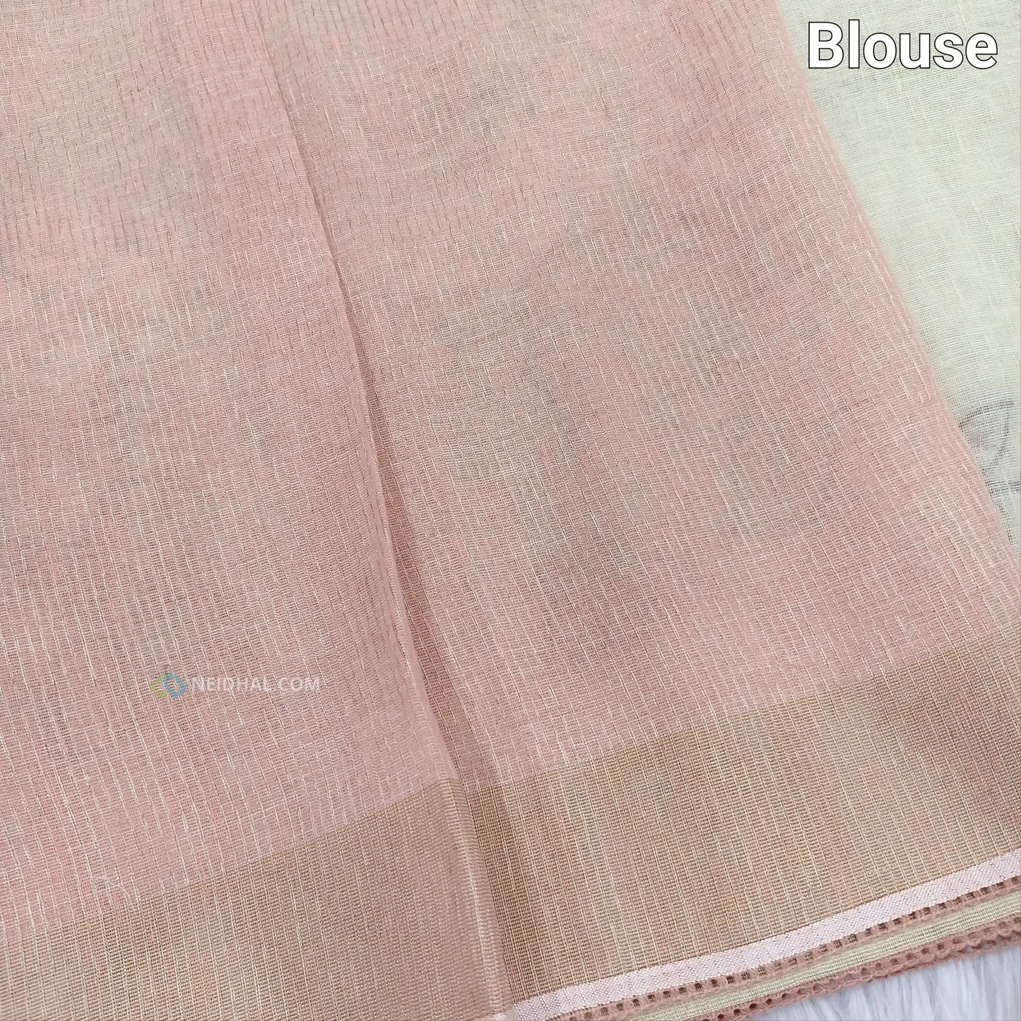 Light Beige Pure Linen Saree with Pastel Pink Appliqué Work | Neidhal