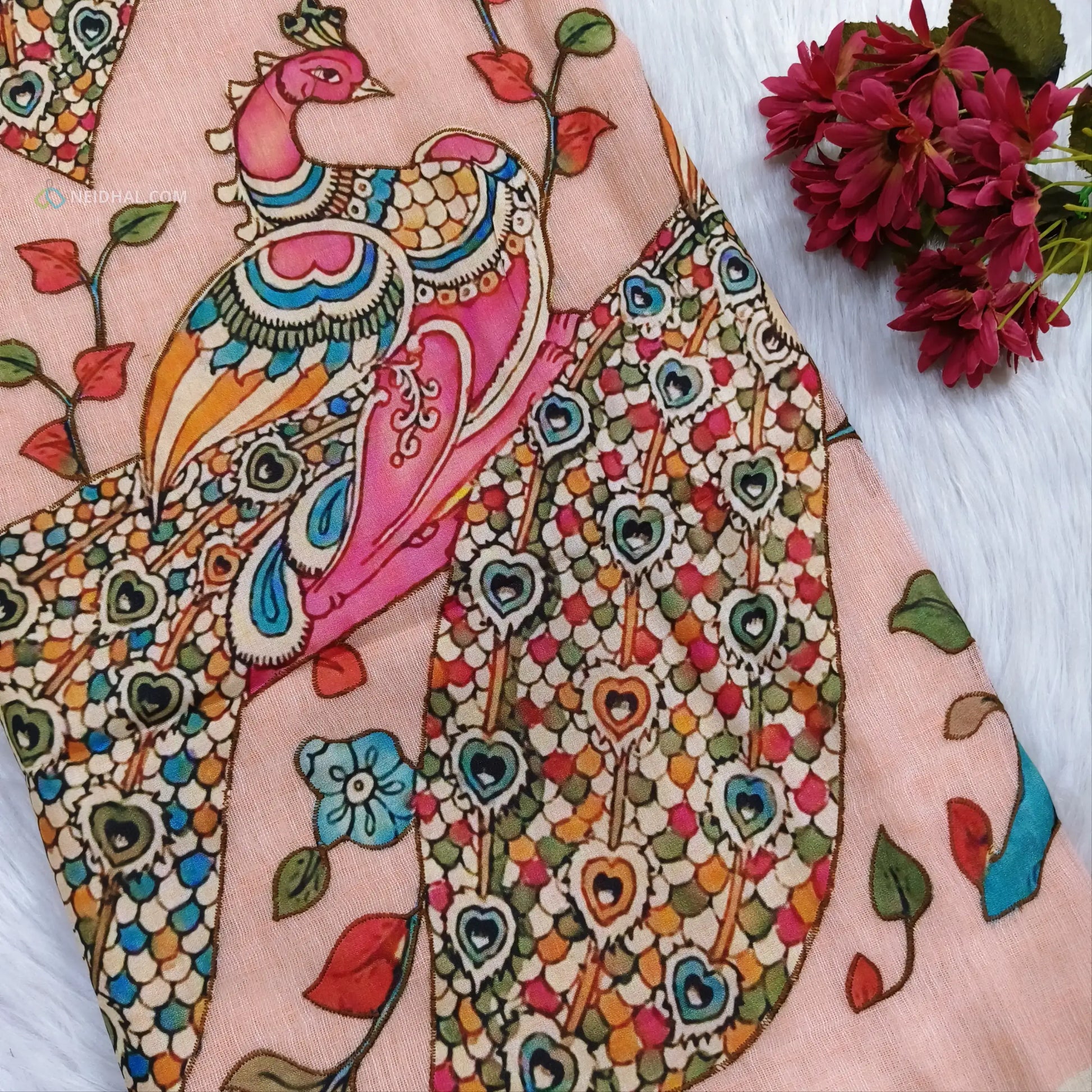 Light Beige Pure Linen Saree with Pastel Pink Appliqué Work | Neidhal
