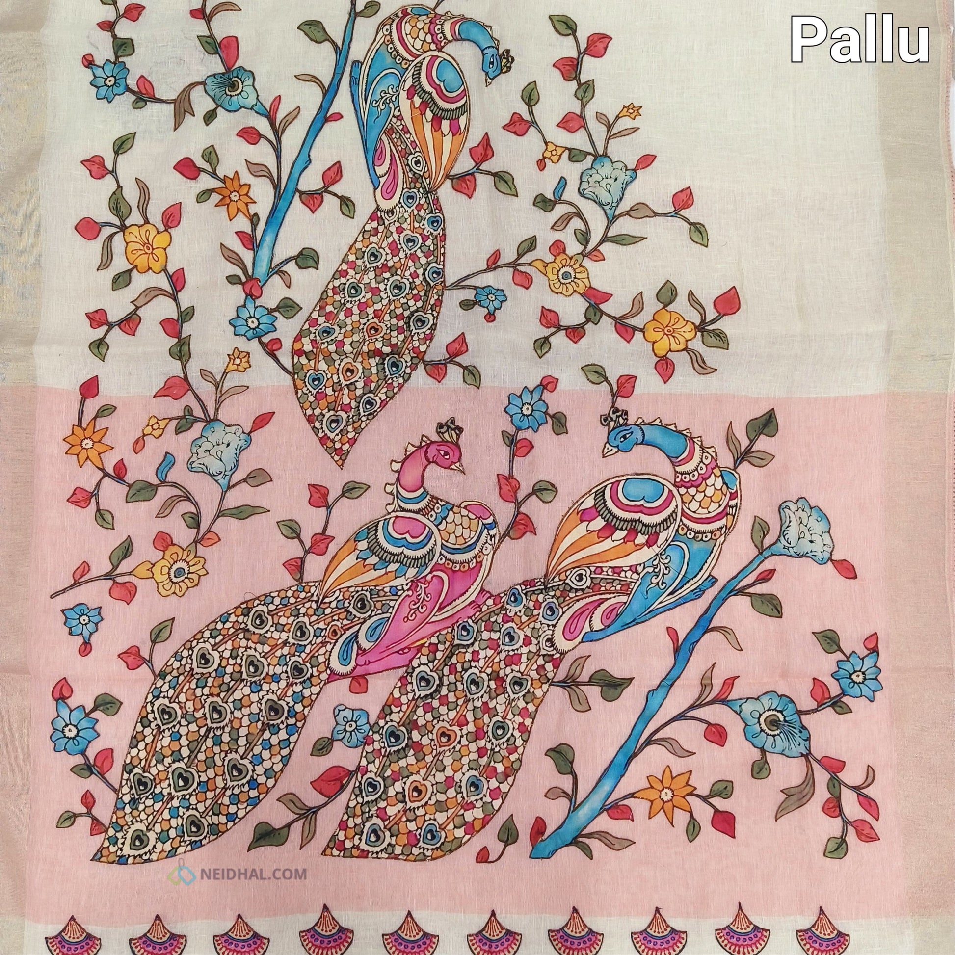 Light Beige Pure Linen Saree with Pastel Pink Appliqué Work | Neidhal