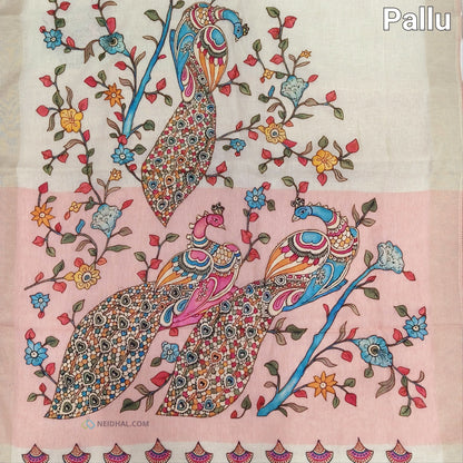 Light Beige Pure Linen Saree with Pastel Pink Appliqué Work | Neidhal