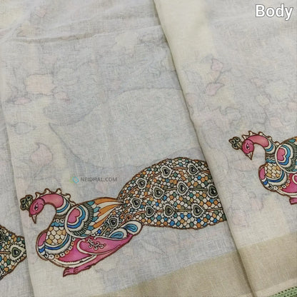 Light Beige Pure Linen Saree with Pastel Pink Appliqué Work | Neidhal