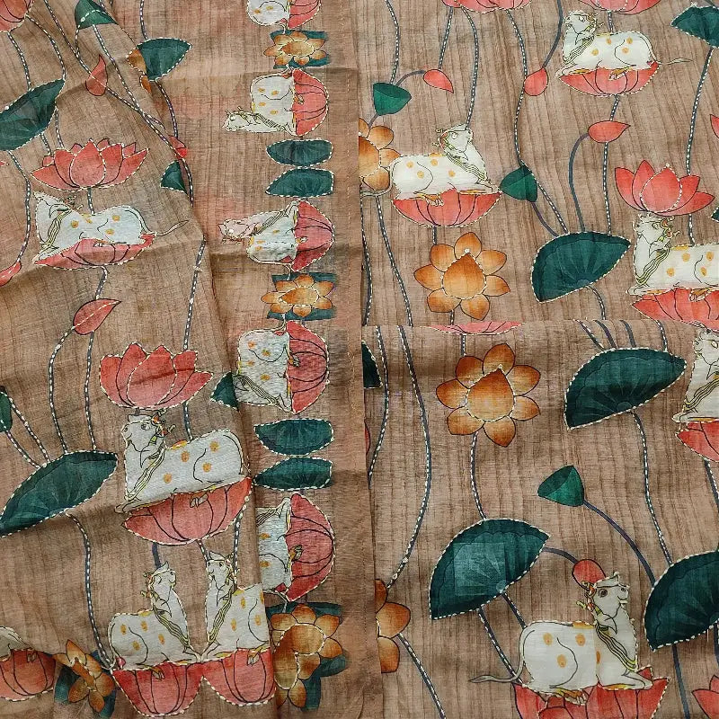 brown digital printed hand embroidered silk cotton unstitched salwar material