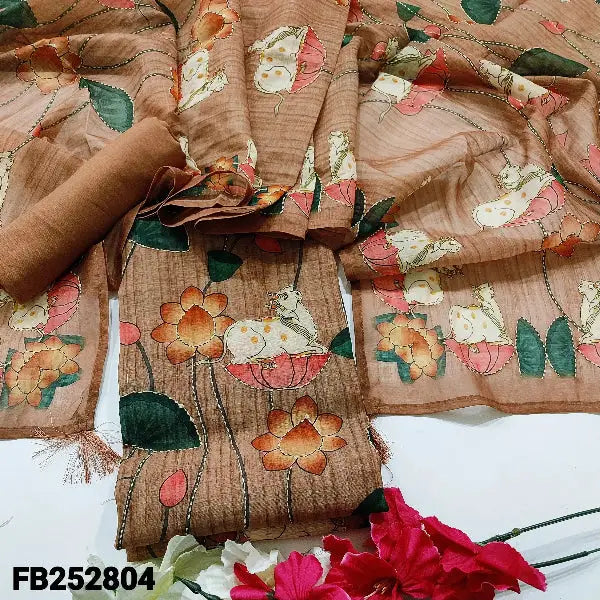 brown digital printed hand embroidered silk cotton unstitched salwar material