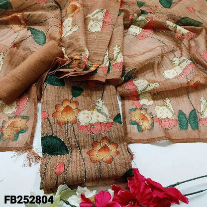 brown digital printed hand embroidered silk cotton unstitched salwar material