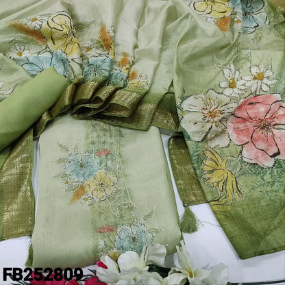 CODE FB252809: Light &dark dual shaded green digital printed pure organza unstitched salwar material kantha stitch&