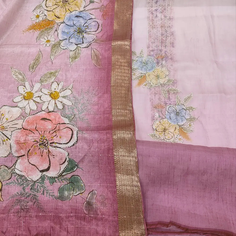 CODE FB252808: Light &dark dual shaded pink digital printed pure organza unstitched salwar material kantha stitch& bead