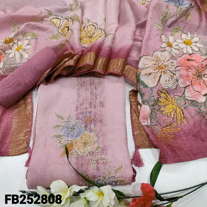 pink digital printed pure organza unstitched salwar material kantha stitch& bead work on yoke