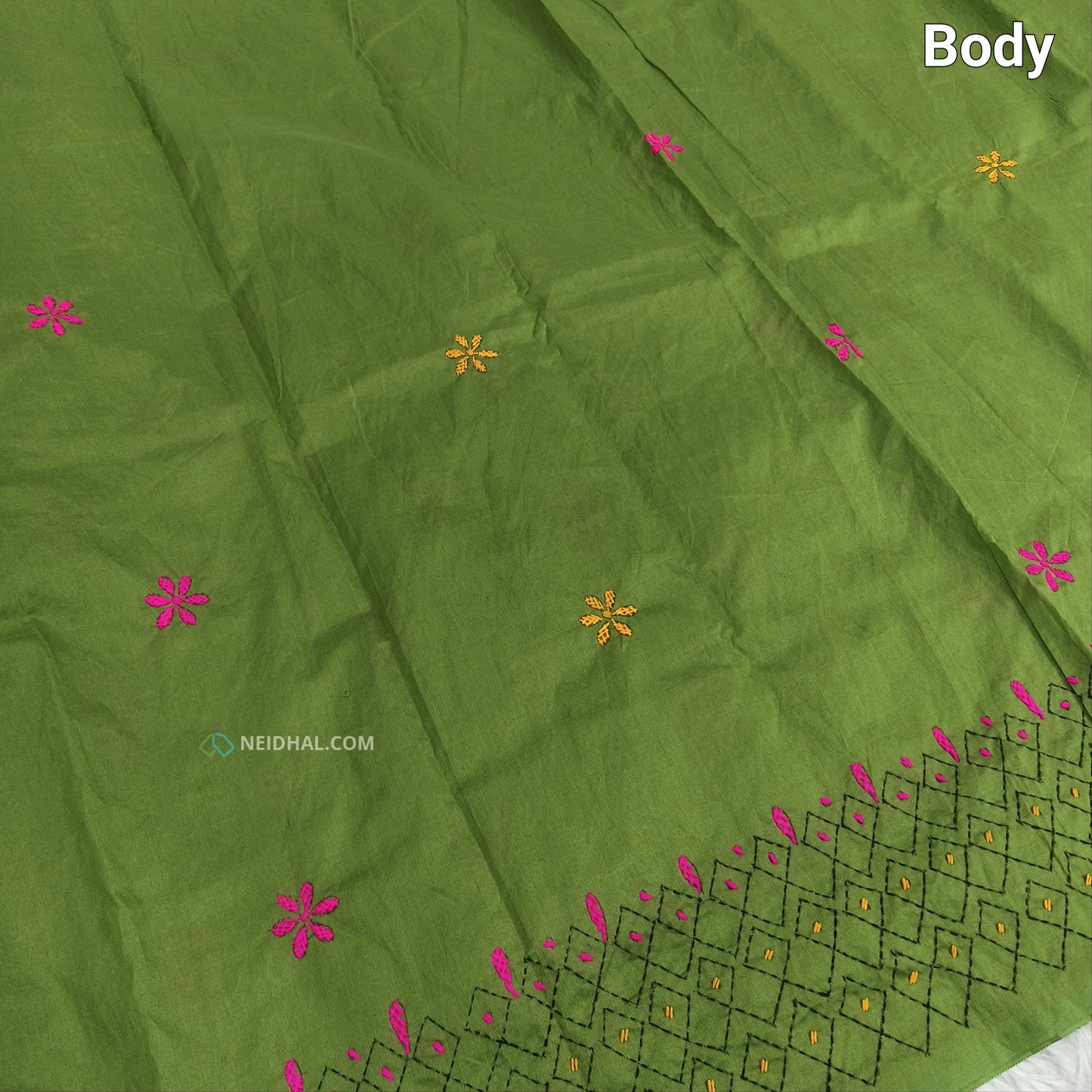 Light Green Assam Silk Cotton Saree - Hand Embroidered Elegance | Neidhal