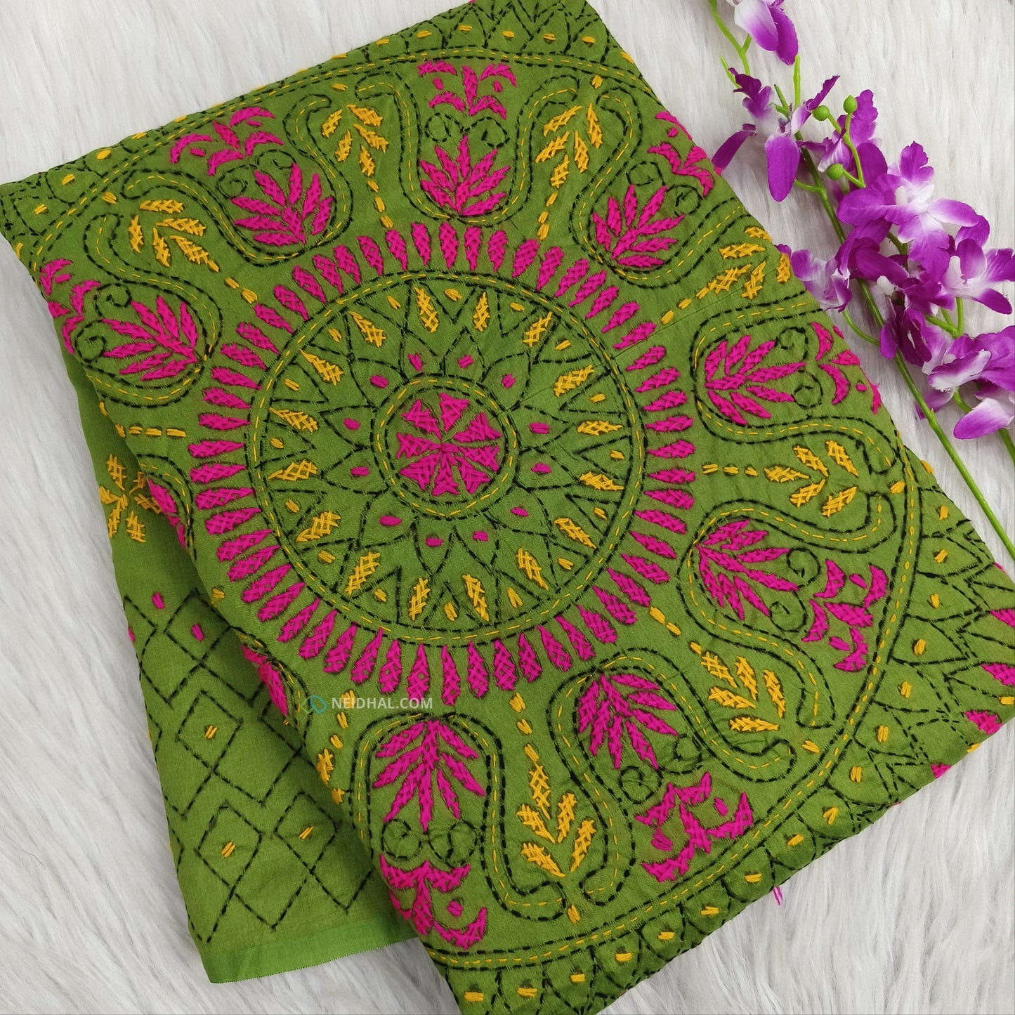 Light Green Assam Silk Cotton Saree - Hand Embroidered Elegance | Neidhal