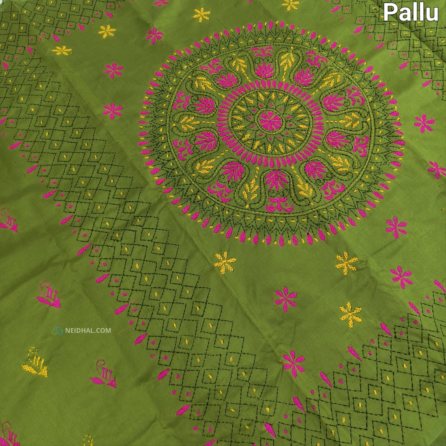 Light Green Assam Silk Cotton Saree - Hand Embroidered Elegance | Neidhal