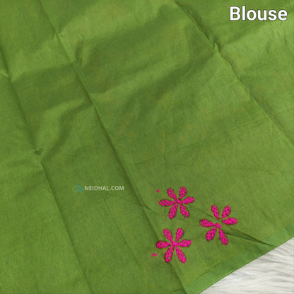 Light Green Assam Silk Cotton Saree - Hand Embroidered Elegance | Neidhal