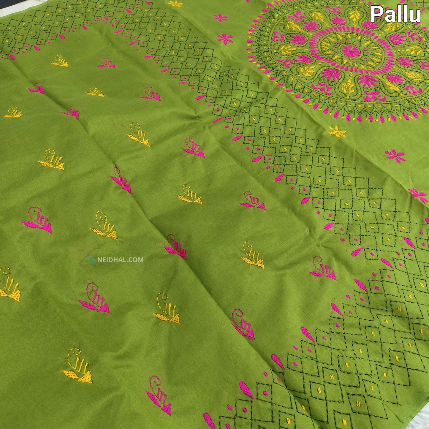 Light Green Assam Silk Cotton Saree - Hand Embroidered Elegance | Neidhal