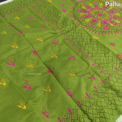 Light Green Assam Silk Cotton Saree - Hand Embroidered Elegance | Neidhal