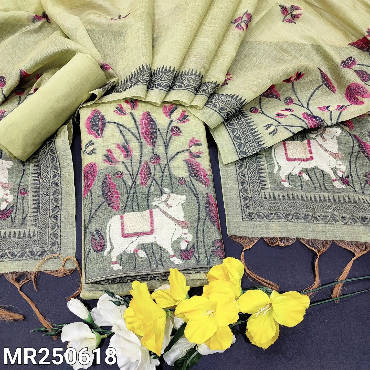 Light Green Jamdani Woven Silk Cotton Salwar Material Set | Neidhal