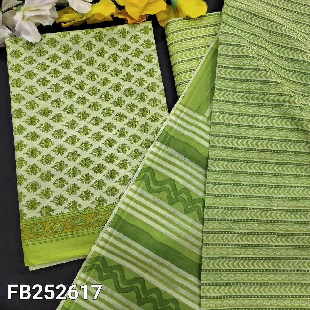 CODE FB252617: Light green printed cotton unstitched salwar material(thin fabric lining needed)vertical printed cotton